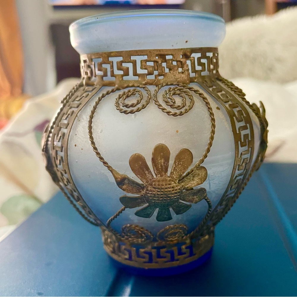 Beautiful Vintage Greek filigree and brushed glass blue vase
